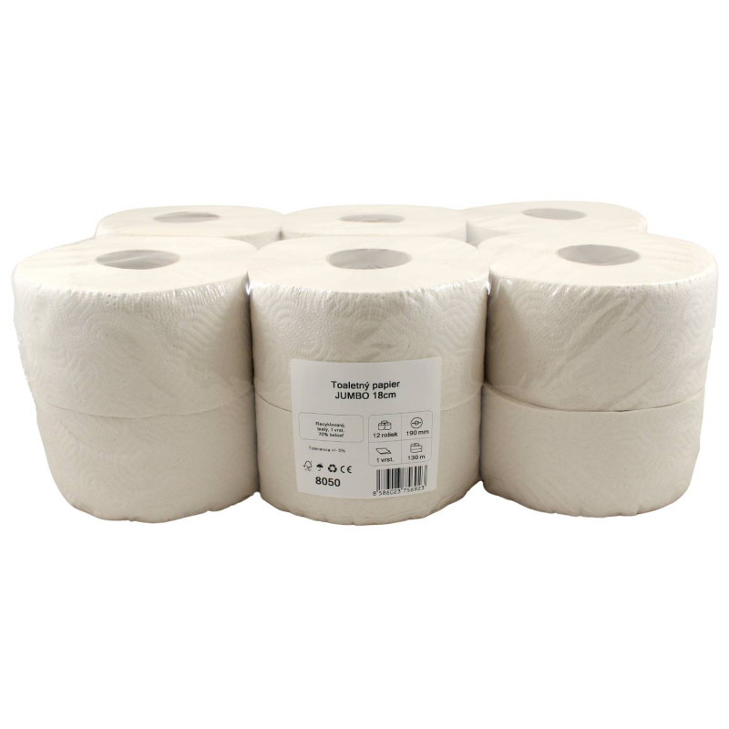 Toaletný papier JUMBO Ø 18cm 130m 1vr.70% belosť recykel 12ks