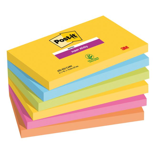 Samolepiaci bloček Post-it Super Sticky CARNIVAL, veľkosť 76 x127 mm 6 bločkov po 90 lístkov
